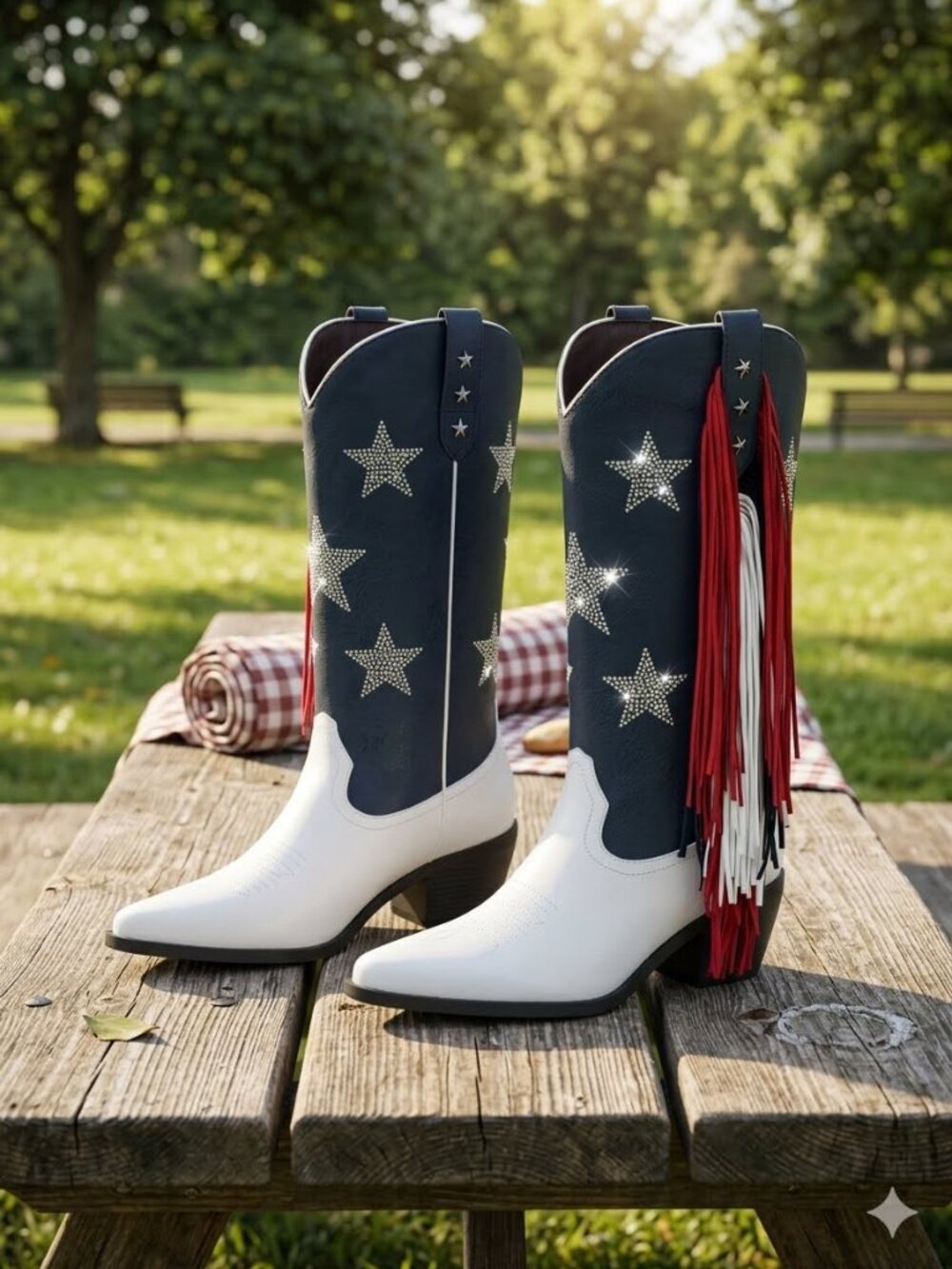 Women's Patriotic Rhinestone Cowboy Boots with Fringe